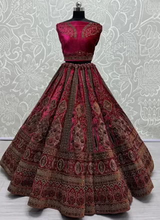 Dori, Embroidered, Fancy, Patch Border, Thread and Zari Work Velvet Lehenga Choli In Rani for Bridal