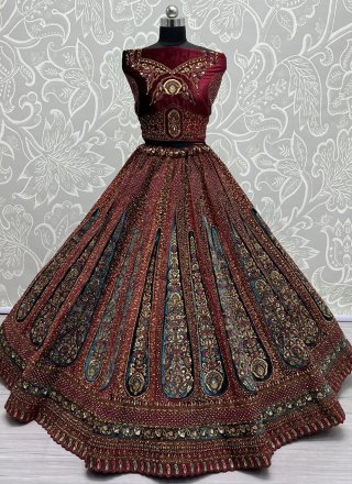 Dori, Embroidered, Sequins, Thread and Zari Work Velvet Lehenga Choli In Maroon