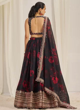 Dori, Print, Sequins and Zari Work Organza Lehenga Choli In Black