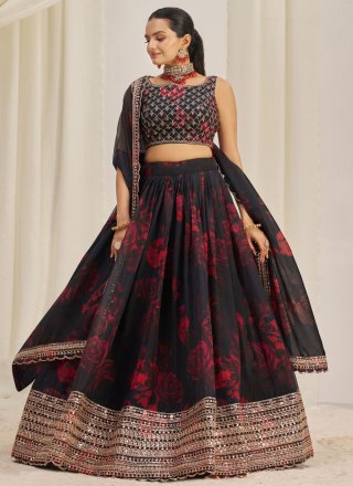 Dori, Print, Sequins and Zari Work Organza Lehenga Choli In Black
