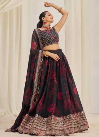 Dori, Print, Sequins and Zari Work Organza Lehenga Choli In Black