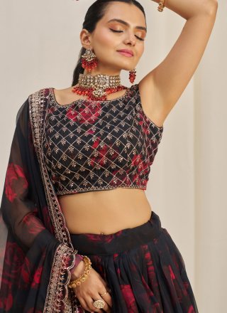 Dori, Print, Sequins and Zari Work Organza Lehenga Choli In Black