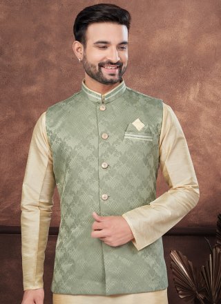 Dupion Silk Kurta Payjama with Jacket In Brown and Green