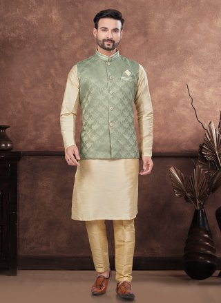 Dupion Silk Kurta Payjama with Jacket In Brown and Green
