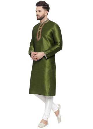 Dupion Silk Kurta Pyjama In Green