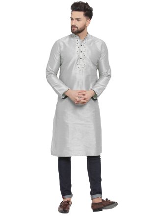 Dupion Silk Kurta Pyjama In Grey
