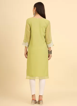 Elite Green Georgette Party Wear Kurti with Chikankari, Embroidered and Lucknowi Work Work