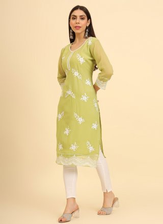 Elite Green Georgette Party Wear Kurti with Chikankari, Embroidered and Lucknowi Work Work