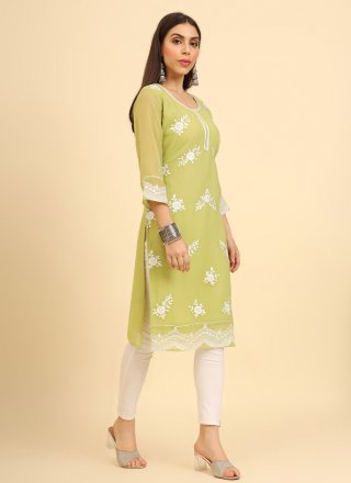 Elite Green Georgette Party Wear Kurti with Chikankari, Embroidered and Lucknowi Work Work