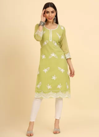 Elite Green Georgette Party Wear Kurti with Chikankari, Embroidered and Lucknowi Work Work