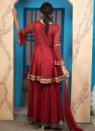 Embroidered and Fancy Work Net Palazzo Salwar Suit In Maroon for Ceremonial