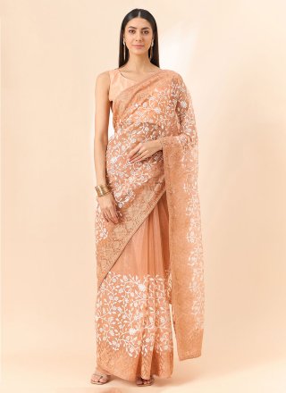 Embroidered and Floral Patch Work Organza Classic Saree In Peach