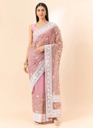 Embroidered and Floral Patch Work Organza Trendy Saree In Pink