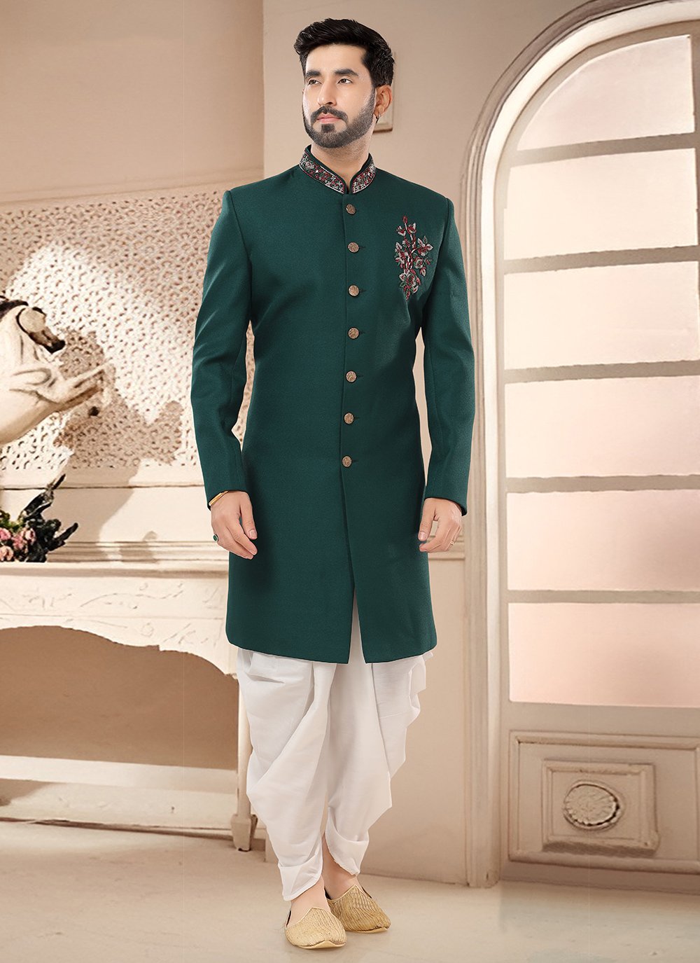 Buy Online Embroidered and Hand Work Art Silk Sherwani Mens Wear