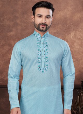Embroidered and Hand Work Cotton Kurta Pyjama In Aqua Blue for Ceremonial