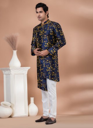 Embroidered and Jacquard Work Jacquard Silk Indo Western In Blue for Engagement