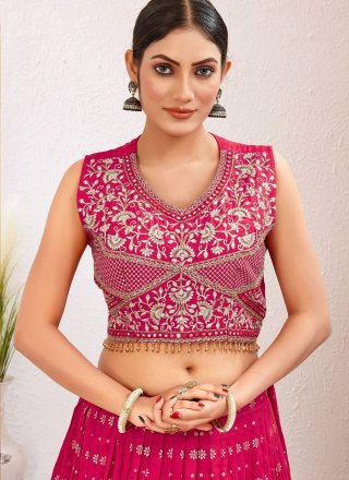 Embroidered and Jacquard Work Pure Dola Readymade Lehenga Choli In Rani for Ceremonial