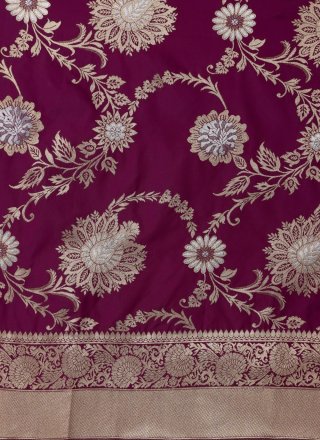 Embroidered and Lace Work Banarasi Jacquard Designer Sari In Purple