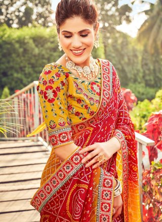Embroidered and Lace Work Chiffon Trendy Saree In Red and Yellow