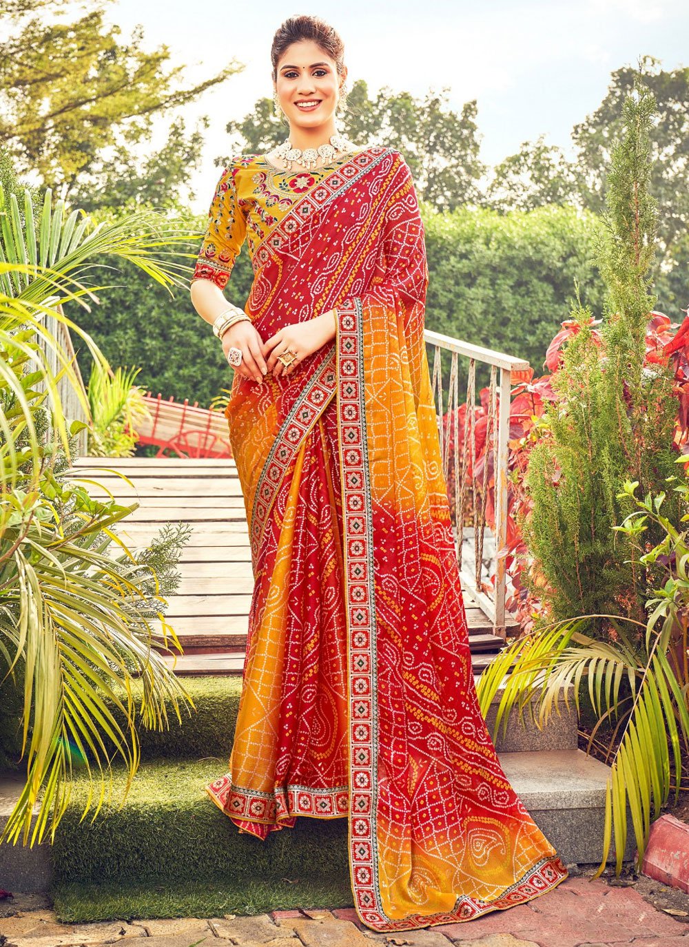 Saffron Yellow & Red Patola Silk Saree with Zari Border Pallu & Stone work  | Art silk sarees, Silk sarees, Soft silk sarees