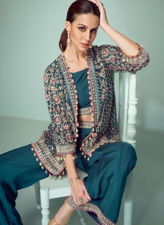 Embroidered and Lace Work Chinon Readymade Salwar Suit In Morpeach for Ceremonial