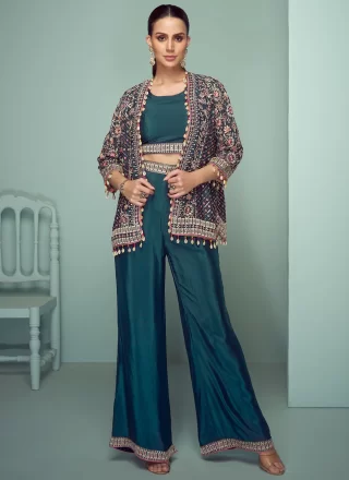 Embroidered and Lace Work Chinon Readymade Salwar Suit In Morpeach for Ceremonial