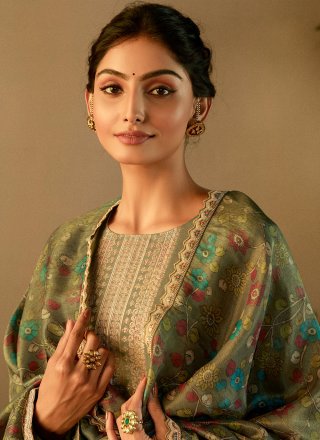 Embroidered and Meenakari Work Banarasi Silk Salwar Suit In Green for Ceremonial