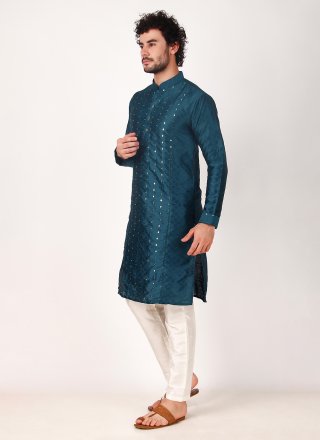 Embroidered and Mirror Work Art Silk Kurta Pyjama In Teal for Casual