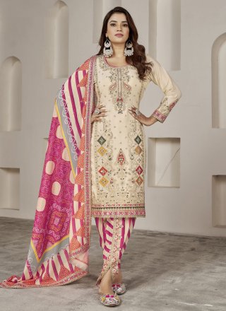 Embroidered and Mirror Work Chinon Salwar Suit In Cream for Engagement