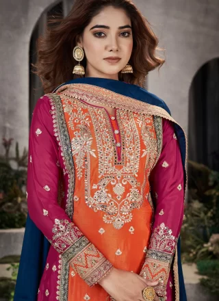 Embroidered and Mirror Work Chinon Salwar Suit In Orange