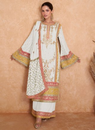 Embroidered and Mirror Work Chinon Salwar Suit In White