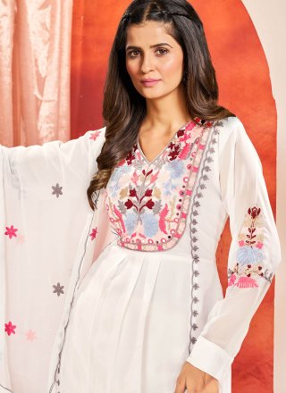 Embroidered and Mirror Work Faux Georgette Salwar Suit In White
