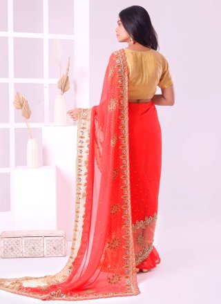Embroidered and Mirror Work Georgette Classic Saree In Red for Ceremonial