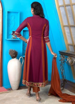 Embroidered and Mirror Work Georgette Readymade Salwar Suit In Magenta for Ceremonial