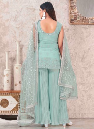 Embroidered and Mirror Work Georgette Readymade Salwar Suit In Teal