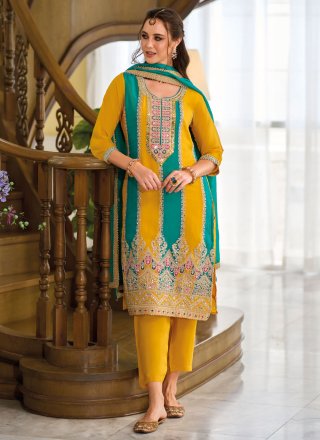 Embroidered and Mirror Work Organza Salwar Suit In Rama and Yellow for Engagement
