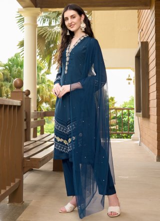 Embroidered and Moti Work Art Silk Readymade Salwar Suit In Morpeach and Teal