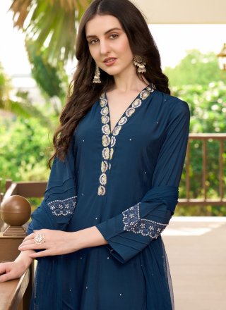 Embroidered and Moti Work Art Silk Readymade Salwar Suit In Morpeach and Teal