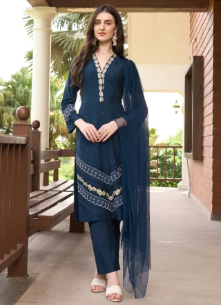 Embroidered and Moti Work Art Silk Readymade Salwar Suit In Morpeach and Teal