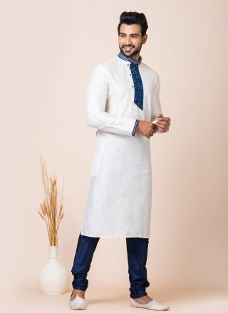 Embroidered and Patch Border Work Viscose Kurta Pyjama In White