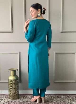 Embroidered and Print Work Chanderi Pant Style Suit In Blue for Casual
