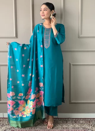 Embroidered and Print Work Chanderi Pant Style Suit In Blue for Casual
