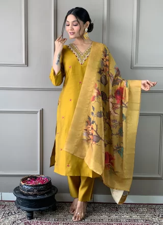 Embroidered and Print Work Chanderi Salwar Suit In Mustard for Casual