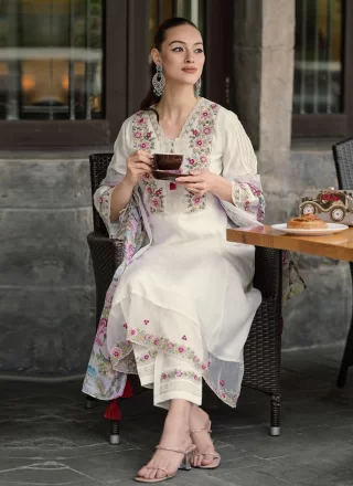 Embroidered and Print Work Chanderi Salwar Suit In White for Casual