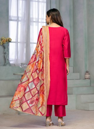 Embroidered and Print Work Cotton Readymade Salwar Suit In Pink for Casual