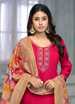 Embroidered and Print Work Cotton Readymade Salwar Suit In Pink for Casual