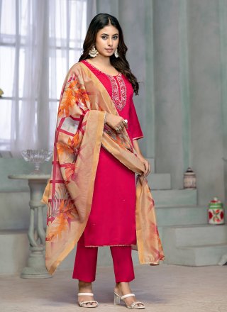Embroidered and Print Work Cotton Readymade Salwar Suit In Pink for Casual