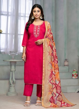Embroidered and Print Work Cotton Readymade Salwar Suit In Pink for Casual