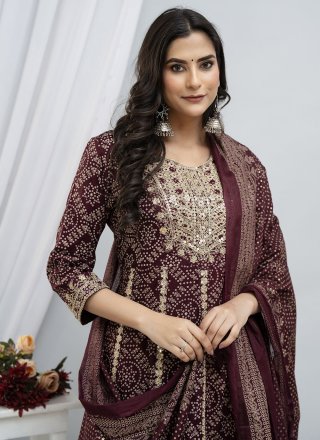 Embroidered and Print Work Cotton Readymade Salwar Suit In Wine