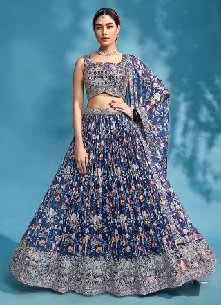 Embroidered and Print Work Georgette Readymade Lehenga Choli In Blue for Party